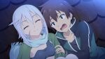  1boy 1girl anime_coloring black_jacket black_shirt blue_scarf brown_hair capelet chris_(konosuba) closed_eyes closed_mouth collarbone crop_top diamond_earrings dutch_angle earrings game_asset green_capelet green_eyes green_jacket grey_hair hand_on_another's_shoulder highres jacket jewelry kono_subarashii_sekai_ni_shukufuku_wo! kono_subarashii_sekai_ni_shukufuku_wo!_kono_yokubukai_game_ni_shinpan_o! looking_at_another multicolored_jacket night non-web_source official_art on_roof open_clothes open_jacket open_mouth outdoors satou_kazuma scar scar_on_cheek scar_on_face scarf self-datamine shirt short_hair side_ahoge sitting_on_roof smile sweat thighhighs tile_roof track_suit two-tone_jacket upper_body variant_set white_thighhighs 