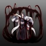  1girl absurdres arms_up bankai black_hair black_hakama black_kimono bleach bleach:_sennen_kessen-hen blood closed_mouth commentary_request fighting_stance floating_clothes full_body grey_background hair_over_shoulder hakama haori hemokinesis highres holding holding_sword holding_weapon ichi_natsu japanese_clothes katana kimono lips long_hair long_sleeves looking_at_viewer mature_female minazuki_(bankai) parted_bangs sash scar scar_on_chest simple_background smile solo standing straight_hair sword tsurime unohana_retsu weapon white_haori white_sash wide_sleeves 