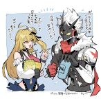  1boy 1girl ahoge bag_of_chips bare_shoulders billy_kid billy_kid_(starlight) black_jacket blonde_hair blue_background bracelet chalky_(zenless_zone_zero) cissia_(zenless_zone_zero) clothed_robot commentary_request cropped_jacket detached_sleeves food fur-trimmed_jacket fur_trim hair_between_eyes hair_ornament hairclip hally highres holding holding_food horns jacket jewelry long_hair looking_at_another open_mouth pom_pom_(clothes) pom_pom_hair_ornament red_eyes red_scarf robot robot_boy scarf snake snake_girl spiked_bracelet spiked_hair spikes torn_clothes torn_scarf white_hair white_snake yellow_eyes zenless_zone_zero 