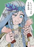  1girl :t blue_cape blue_eyes braid cape chewing choker doll_joints dress eating elden_ring elden_ring_nightreign flower_wreath food food_in_mouth food_on_face gold_trim green_background hand_up head_wreath jewelry joints lobster low_twin_braids maiktake_oka parted_bangs revenant_(elden_ring) solo speech_bubble translation_request twin_braids upper_body veil white_choker white_dress white_hair white_veil white_wrist_cuffs wrist_cuffs 