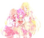  3girls absurdres amaori_renako ao_(aymr6215) ashigaya_high_school_uniform blonde_hair blush bow bowtie brown_hair closed_eyes collared_shirt commentary_request girl_sandwich grey_shirt hand_on_another's_shoulder highres light_particles long_hair medium_hair multiple_girls open_mouth ouzuka_mai pleated_skirt purple_hair red_bow red_bowtie sandwiched school_uniform sena_ajisai shirt simple_background skirt smile watashi_ga_koibito_ni_nareru_wake_naijan_murimuri! white_background white_shirt 