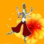  1girl arm_tattoo armband baggy_pants balancing_on_head bare_shoulders bead_bracelet beads blonde_hair bracelet braid breasts crop_top detached_collar final_fantasy final_fantasy_xii final_fantasy_xii_revenant_wings floral_background flower full_body grey_shirt hair_ornament hibiscus jewelry long_hair medium_breasts midriff mochi_(hanamaruudondesu) navel open_mouth orange_background pants penelo pink_armband red_pants shirt short_bangs sidelocks solo standing standing_on_one_leg tattoo twin_braids yellow_flower 