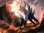  animal_focus bo_(bouillustration) commentary_request crescent_moon fangs horns houndoom lava mega_houndoom mega_pokemon moon no_humans outdoors pokemon pokemon_(creature) pokemon_focus sky smoke solo twitter_username volcano 