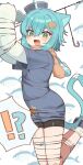  !? 1girl :3 absurdres animal_ears aqua_hair bandaid bandaid_on_leg bandaid_on_tail bike_shorts black_shorts blue_hair blue_shirt blue_shoes blush can cat_ears cat_girl cat_tail commentary_request commission crossed_bangs entangled fang fish_background fish_hair_ornament fish_hook fishing_line fishing_rod full_body funifuchan green_eyes hair_between_eyes hair_ornament highres holding holding_fishing_rod indie_virtual_youtuber krumroll layered_sleeves long_sleeves looking_at_viewer mackerel_(fish) open_mouth orange_scarf paw_print pixiv_commission scarf shirt shoes short_hair short_over_long_sleeves short_sleeves shorts sleeves_past_wrists socks solo tail tearing_up v-shaped_eyebrows virtual_youtuber white_background white_sleeves white_socks 