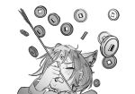  1girl animal_ears arrow_(projectile) cho_kaguya-hime! coin commentary forehead_jewel fox_ears fox_girl greyscale highres implied_yuri monochrome open_mouth pom_dovu sakayori_iroha sakayori_iroha_(tsukuyomi) simple_background solo untranslatable_commentary white_background 
