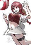  1girl ball beach_volleyball beachball bikini braid breasts commentary english_commentary feet_out_of_frame grin highres jumping kantai_collection large_breasts nevada_(kancolle) nevada_(swimsuit)_(kancolle) one-hour_drawing_challenge open_clothes open_shirt red_bikini red_eyes red_hair ron_(pixiv83091338) shirt single_braid skirt smile solo swimsuit volleyball_(sport) white_shirt white_skirt 
