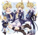  1boy ahoge bag bird blonde_hair blue_eyes blue_jacket boots brown_bag brown_boots character_name earrings english_text genshin_impact hair_between_eyes highres jacket jewelry lj6v6 low_ponytail male_focus mika_(genshin_impact) mixed-language_text multiple_views necktie open_mouth ponytail short_hair short_ponytail stud_earrings trap yellow_necktie 