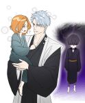 1girl 2boys absurdres aged_down aqua_hair bkg0303 black_kimono bleach bleach:_sennen_kessen-hen carrying carrying_person child commentary_request haori highres hitsugaya_toushirou hitsugaya_toushirou_(adult) ichimaru_gin japanese_clothes kimono korean_commentary looking_at_another matsumoto_rangiku mole mole_under_mouth multiple_boys orange_hair shihakusho spiked_hair taichou_haori time_paradox 
