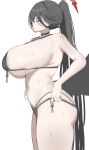  1girl absurdres ass bikini black_bikini black_hair black_wings blue_archive breasts choker commentary covered_nipples curvy fahufahu halo hasumi_(blue_archive) hasumi_(swimsuit)_(blue_archive) highres huge_breasts long_hair looking_at_viewer low_wings navel ponytail red_eyes red_halo sideboob solo swimsuit thighs untranslatable_commentary wings 