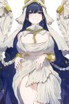  1girl absurdres angel_wings bad_id bad_twitter_id blue_eyes blue_hair breasts chain chain_necklace cleavage_cutout closed_mouth clothing_cutout cowboy_shot dress gold_bracer gold_chain highres hololive hololive_english huge_breasts hunk_404 jewelry long_hair looking_at_viewer necklace official_alternate_costume official_alternate_hairstyle ouro_kronii ouro_kronii_(goddess) simple_background sleeveless sleeveless_dress smile solo straight-on veil very_long_hair virtual_youtuber wavy_hair white_background white_dress white_veil wings 