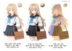  1girl absurdres art_study bag black_skirt blonde_hair blue_bow blue_eyes blush_stickers bow brown_bag check_translation collar commentary_request hair_intakes highres korean_commentary korean_text lighting_practice lighting_study long_hair original sailor_collar school_bag school_uniform serafuku shoulder_bag skirt translation_request twitter_username white_serafuku winter_uniform wonbin_lee 