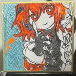  1girl a.i._voice adachi_rei bright_pupils closed_mouth commentary_request gloves hand_up highres jacket long_sleeves looking_at_viewer open_clothes open_jacket orange_eyes orange_hair sanotsuki_(mochi0101_831) shikishi smile solo traditional_media upper_body utau white_pupils 