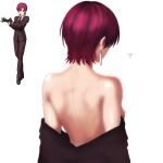  1girl absurdres artist_name bare_back bare_shoulders bazett_fraga_mcremitz breasts brown_shirt commentary_request dangle_earrings earrings facing_away fate/hollow_ataraxia fate_(series) gigiiproject highres jewelry medium_breasts nipple_slip nipples partially_undressed pixie_cut purple_hair red_hair reference_inset shirt shirt_partially_removed short_hair signature silver_earrings simple_background single_earring solo spanish_commentary undressing upper_body white_background 