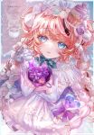  1girl blue_eyes blush bow bug butterfly candy commentary_request cup cupcake cupping_hands dessert dress flower food from_above heart highres jewelry komorihikki looking_at_viewer meringue necklace orange_hair original own_hands_together purple_bow purple_flower solo sparkle tea teacup white_dress 