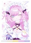  1girl ;) a_p0_0 blue_eyes breasts cake cake_slice cleavage commentary_request elf elysia_(honkai_impact) elysia_(miss_pink)_(honkai_impact) elysia_(miss_pink_elf)_(honkai_impact) fake_horns food highres honkai_(series) honkai_impact_3rd horns large_breasts long_hair looking_at_viewer maid maid_headdress official_alternate_costume one_eye_closed pink_hair pointy_ears smile solo upper_body very_long_hair 