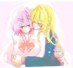 2girls amaori_renako ao_(aymr6215) ashigaya_high_school_uniform black_jacket blonde_hair bow bowtie breasts closed_eyes closed_mouth colored_inner_hair commentary_request highres holding_hands hug interlocked_fingers jacket large_breasts medium_hair multicolored_hair multiple_girls ouzuka_mai pink_background pink_bow pink_bowtie pink_eyes pink_hair school_uniform shirt watashi_ga_koibito_ni_nareru_wake_naijan_murimuri! watermark white_shirt yuri 
