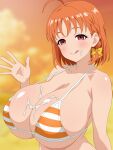  1girl absurdres after_ejaculation ahoge alternate_breast_size_(larger) armpit_crease beach bikini blurry blurry_background blush bow breasts collarbone commentary_request cum cum_on_body cum_on_breasts day eyelashes facial hair_bow hand_up highres huge_breasts large_variant_set licking_lips looking_at_viewer love_live! love_live!_sunshine!! medium_hair micro_bikini migikoba orange_bikini orange_hair orange_sky outdoors paid_reward_available pink_eyes sky smile striped_bikini striped_clothes swimsuit takami_chika tongue tongue_out upper_body variant_set yellow_background 