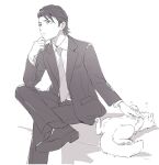  1boy animal black_pants cat commentary_request dress_shirt elbow_on_knee figure_four_sitting heart isa_(peien516) jacket male_focus necktie odagiri_hidetoshi pants persona persona_3 petting shirt short_hair sideburns simple_background sitting suit_jacket suit_pants white_background 