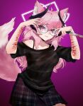  1girl absurdres ahoge alternate_breast_size_(larger) alternate_costume animal_ear_fluff animal_ears bed_sheet bleeding blood blood_on_weapon bra_strap breasts commentary_request commission commissioner_upload demon_horns fox_ears fox_tail glasses gradient_background halo highres holding holding_knife holding_weapon horns kareac knife lilith_mori_(cynfritters) long_eyebrows long_hair looking_at_viewer medium_breasts non-web_source off-shoulder_shirt off-shoulder_sweater off_shoulder original pink_eyes pink_hair plaid_clothes plaid_shirt pleated_skirt purple_background round_eyewear scar self-harm self-harm_scar shirt sidelocks skirt sleeves_rolled_up smile smirk sweater swept_bangs tail weapon wrist_cutting 
