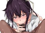  1boy 1girl absurdres bar_censor black_hair censored cleanup_fellatio commentary_request dark-skinned_male dark_skin ekibyoudayo fellatio hair_ribbon hetero highres kanzaki_kaori long_hair oral paid_reward_available penis ponytail pov purple_eyes ribbon shirt textless_version toaru_majutsu_no_index white_background white_ribbon white_shirt 