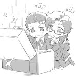  2boys blush chibi chibi_only commentary_request dress_shirt gekkoukan_high_school_uniform glasses greyscale hair_slicked_back hiraga_keisuke isa_(peien516) jacket kneeling male_focus monochrome multiple_boys neck_ribbon odagiri_hidetoshi open_mouth pants persona persona_3 rectangular_eyewear ribbon s.e.e.s school_uniform semi-rimless_eyewear shirt short_hair simple_background sparkle treasure_chest under-rim_eyewear white_background 