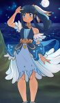  1girl absurdres akari_(pokemon) akari_(summer_2026)_(pokemon) antennae bare_shoulders belt black_hair blue_dress blue_eyes breasts dress full_moon gold_belt gold_choker gold_collar gradient_clothes gradient_dress high-waist_belt highres layered_dress long_hair missandydandy moon night ocean official_alternate_costume outdoors pokemon pokemon_masters_ex ponytail sidelocks strapless strapless_dress veil water white_veil 