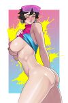  1girl absurdres alternate_breast_size_(larger) ass black_hair blue_shirt bottomless breasts brothbowl brown_eyes clothes_lift commentary earrings eyewear_on_head highres jewelry jubilee large_breasts marvel marvel_rivals nipples one_eye_closed paint_splatter pink-tinted_eyewear pink_shirt shirt shirt_lift short_hair sleeveless sleeveless_shirt tinted_eyewear two-tone_shirt x-men 