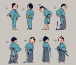  1boy barefoot black_hair blue_kimono chonmage closed_mouth commentary_request dressing ebina_fumi frown full_body glaring glasses grey_background grey_hakama hakama highres how_to japanese_clothes katana kimono long_sleeves male_focus multiple_views obi original round_eyewear samurai sash sequential sheath sheathed short_hair simple_background standing sword topknot tying very_short_hair weapon 