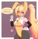  1girl ahoge akita_neru angry animal_ears antenna_hair black_gloves black_pantyhose blonde_hair blush border breasts buttons collared_leotard commentary covered_navel detached_ahoge elbow_gloves english_text fake_animal_ears fake_tail fang gloves hairband hand_on_own_hip highres holding holding_pendulum hypno_(vocaloid) kaleislazy large_breasts leotard looking_at_viewer necktie open_mouth pantyhose pendulum playboy_bunny polka_dot polka_dot_background ponytail rabbit_ears rabbit_tail solo speech_bubble strapless strapless_leotard tail thick_thighs thighs tie_clip vocaloid white_border yellow_eyes yellow_hairband yellow_leotard yellow_nails yellow_necktie yellow_trim 