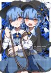  2girls artist_name black_bow black_bowtie black_capelet black_hat blue_background blue_hair blue_necktie blue_skirt border bow bowtie braid braided_hair_rings capelet collared_shirt commentary_request crying crying_with_eyes_open deerstalker f_game_fanart frilled_skirt frills grey_vest hair_bow hair_rings hat hat_bow highres holding holding_rope hug layered_skirt long_sleeves mahou_shoujo_no_majo_saiban multiple_girls necktie open_mouth plaid_clothes plaid_skirt rope shirt short_hair signature skirt spoilers tachibana_sherry tears twitter_username unmoving_pattern vest watermark white_border white_shirt yellow_eyes 