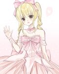  1girl absurdres back_bow bare_shoulders blonde_hair bow bow_choker bowtie brooch brown_eyes chinese_commentary choker commentary_request coral cowboy_shot dot_nose dress drill_hair eyes_visible_through_hair frilled_sleeves frilled_wrist_cuffs frills gradient_background hair_between_eyes hair_bow hair_ornament happy heart heart_brooch highres infinity_nikki jewelry large_bow light_blush long_hair looking_at_viewer necklace nikki_(series) off-shoulder_dress off_shoulder open_mouth pink_background pink_bow pink_bowtie pink_choker pink_dress pink_ribbon_waltz_(infinity_nikki) pink_theme pink_wrist_cuffs pleated_dress polka_dot polka_dot_background ranranxihuanqiaokeli shell shell_hair_ornament shirt short_sleeves sidelocks smile speech_bubble spoken_heart striped_bow striped_bowtie striped_clothes twin_drills twintails waving white_background white_shirt wrist_cuffs 