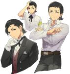 1boy armband belt black_hair black_jacket black_pants black_ribbon brown_belt buttons closed_mouth commentary_request cropped_legs cropped_torso dress_shirt formal_clothes frown gloves hair_slicked_back hand_on_own_head isa_(peien516) jacket long_sleeves looking_at_viewer male_focus multiple_views neck_ribbon odagiri_hidetoshi open_collar pants persona persona_3 red_vest ribbon shirt shirt_tucked_in short_hair short_sleeves simple_background vest white_background white_gloves white_shirt yellow_armband 