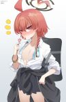  1girl absurdres ahoge bag black_cardigan black_halo blue_archive blush braid candy cardigan cardigan_around_waist chan_seong clothes_around_waist collarbone commentary_request dated flat_chest food gradient_hair halo highres holding holding_candy holding_food holding_lollipop huge_ahoge lollipop looking_at_viewer millennium_science_school_logo mole mole_under_eye multicolored_hair neck_ribbon neru_(blue_archive) neru_(school_uniform)_(blue_archive) official_alternate_costume orange_hair partially_unbuttoned red_eyes ribbon school_bag school_uniform shirt short_hair signature single_braid solo tongue tongue_out undone_neck_ribbon white_shirt 