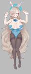  1girl absurdres animal_ear_hairband animal_ears asuna_(blue_archive) asuna_(bunny)_(blue_archive) bare_shoulders blonde_hair blue_archive blue_bow blue_bowtie blue_eyes blue_halo blue_leotard blush bow bowtie breasts breasts_apart collarbone commentary_request detached_collar eyes_visible_through_hair fake_animal_ears grin hair_over_one_eye hairband halo heart_pasties highres large_breasts leotard long_hair lying mago_cats mole mole_on_breast pantyhose pasties playboy_bunny rabbit_ear_hairband rabbit_ears smile solo thighband_pantyhose thighs very_long_hair wrist_cuffs 