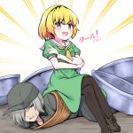  1boy 1girl amakusa_juuza black_hairband blonde_hair bound brown_pantyhose brown_shoes commentary_request dress fang green_dress grey_hair grey_hat hair_over_one_eye hairband hat hazumi_otoya highres higurashi_no_naku_koro_ni houjou_satoko matsuribayashi-hen neckerchief open_mouth pantyhose purple_eyes rope sailor_collar sailor_dress school_uniform shoes short_hair short_sleeves sitting sitting_on_person skin_fang tied_up_(nonsexual) white_sailor_collar yellow_neckerchief 
