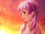  1girl agnes_ardbeg_augustus game_cg harem_party purple_hair red_eyes sunset twintails 