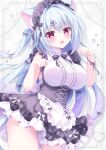  1girl absurdres animal_ear_fluff animal_ears apron black_bow black_bowtie black_dress black_hairband blue_hair blush bow bowtie breasts cat_ears cat_girl commentary contrapposto cowboy_shot dress frilled_apron frilled_hairband frills hair_between_eyes hairband highres large_breasts long_hair looking_at_viewer maid maid_headdress nekoboshi_yuki open_mouth original purple_eyes sleeveless sleeveless_dress solo untranslatable_commentary very_long_hair waist_apron white_apron white_bow 