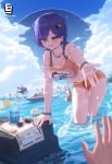  1other absurdres ball beach belle_(summer_skies)_(zenless_zone_zero) belle_(zenless_zone_zero) bikini bikini_top_under_shirt bikini_under_clothes black_nails blue_hair blue_sky blush bracelet breasts cloud cloudy_sky commentary cup day drink drinking_straw earrings eki_lee eous_(zenless_zone_zero) food fruit green_eyes hair_ornament highres hollow_(zenless_zone_zero) horizon jewelry lemon lemon_slice letter_hair_ornament looking_at_viewer lotion nail_polish navel necklace ocean official_alternate_costume orange_bikini orange_shorts outdoors pov see-through_clothes see-through_shirt shirt short_hair short_twintails shorts sky smile solo_focus sunglasses sunscreen swimsuit tied_shirt twintails unworn_eyewear volleyball_(object) water zenless_zone_zero 
