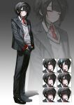  1boy absurdres black_gloves black_hair black_jacket black_pants black_shoes buttons closed_eyes closed_mouth collared_shirt commentary gloves grey_sweater_vest highres jacket jackpatt777 lapels long_sleeves male_focus multiple_expressions necktie notched_lapels o_o open_mouth original own_hands_together pants red_necktie shaded_face shirt shoes short_hair smile sparkling_eyes sweat sweatdrop sweater_vest white_shirt wing_collar 