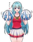  1girl :d alternate_breast_size_(larger) aqua_hair bare_arms black_unitard blush breasts cheerleader cleavage collarbone commentary cosplay dot_nose eirika_(fire_emblem) english_commentary excited female_corrin_(cheer_power)_(fire_emblem) female_corrin_(fire_emblem) female_corrin_(fire_emblem)_(cosplay) fire_emblem fire_emblem:_the_sacred_stones fire_emblem_heroes hair_between_eyes hands_up heart highres large_breasts long_hair looking_at_viewer maji_(majibomber) miniskirt notice_lines open_mouth pleated_skirt pom_pom_(cheerleading) red_shirt shirt simple_background skirt smile solo straight-on thighs twitter_username unitard white_background white_skirt 