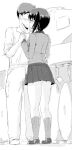  1boy 1girl absurdres blush closed_eyes commentary_request girls_und_panzer greyscale highres holding_hands imminent_kiss long_sleeves military_vehicle miniskirt monochrome motor_vehicle muchabou nishizumi_maho pants pleated_skirt shirt shoes short_hair short_sleeves sketch skirt socks sweatdrop tank 
