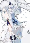  1girl black_hat black_shoes blue_eyes blue_skirt breasts commentary_request contrapposto frilled_skirt frills from_side grey_hair hat highres itsumizu japanese_clothes kariginu long_hair long_sleeves mononobe_no_futo ponytail ribbon-trimmed_sleeves ribbon_trim shoes simple_background skirt solo tate_eboshi touhou twitter_username white_background wide_sleeves zoom_layer 