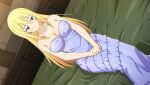  1girl anime_coloring arms_between_legs averting_eyes bare_shoulders blonde_hair blue_eyes blush breasts cleavage closed_mouth collarbone cowboy_shot darkness_(konosuba) dress dutch_angle floral_print floral_print_dress game_asset hair_down highres indoors kono_subarashii_sekai_ni_shukufuku_wo! kono_subarashii_sekai_ni_shukufuku_wo!_kono_yokubukai_game_ni_shinpan_o! large_breasts layered_dress long_dress long_hair non-web_source official_art on_bed own_hands_together print_dress purple_dress raised_inner_eyebrows self-datamine sidelocks sitting smile solo stone_wall strapless strapless_dress variant_set 