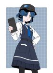  1girl alternate_costume apron black_hat black_pantyhose blue_hair blue_necktie bocchi_the_rock! border collared_shirt commentary_request eyes_visible_through_hair feet_out_of_frame grey_apron grey_background grey_skirt grid_background hair_over_one_eye hat highres holding long_sleeves looking_at_viewer necktie pantyhose pleated_skirt sabisabi shirt short_hair skirt solo standing white_border white_shirt yamada_ryo yellow_eyes 