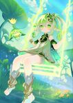  1girl aranara_(genshin_impact) artist_name bare_shoulders bloomers blue_sky blush bracelet closed_mouth cloud commentary cross-shaped_pupils day detached_sleeves dress genshin_impact giuniu_(unc_135) gold_trim gradient_hair green_eyes green_hair green_sleeves hair_between_eyes hair_ornament highres jewelry leaf_hair_ornament long_hair looking_at_viewer multicolored_hair nahida_(genshin_impact) on_swing outdoors pointy_ears side_ponytail sitting sky sleeveless sleeveless_dress smile solo stirrup_legwear swing symbol-shaped_pupils toeless_legwear toes twitter_username untranslatable_commentary white_bloomers white_dress white_hair 