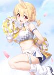  ahoge bike_shorts bike_shorts_under_skirt blonde_hair blue_archive cheerleader commentary_request confetti gatou_illust halo highres holding holding_pom_poms kotori_(blue_archive) kotori_(cheer_squad)_(blue_archive) loose_socks millennium_cheerleader_outfit_(blue_archive) miniskirt missing_halo muffin_top navel official_alternate_costume plump pom_pom_(cheerleading) short_twintails skirt socks sports_bra standing standing_on_one_leg stomach thighs twintails two-tone_sports_bra white_skirt white_socks 