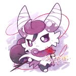  1girl alternate_color alternate_shiny_pokemon animal_ears bandaged_ear branch cape cat_ears cat_girl cat_tail chibi chibi_only chibikemo chinese_commentary commentary_request commission full_body furry furry_female holding holding_branch kaede040529 looking_at_viewer meowstic meowstic_(female) multiple_tails original pokemon pokemon_(creature) pokemon_focus purple_cape purple_eyes solo string string_of_fate tail two_tails watermark 