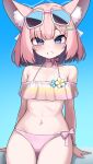  1girl animal_ear_fluff animal_ears bikini blue_archive blue_eyes blush choker collarbone commentary_request cowboy_shot eyewear_on_head flat_chest fox_ears grin highres looking_at_viewer medium_hair niko_(blue_archive) niko_(c108_swimsuit)_(blue_archive) nirato_shungiku off-shoulder_bikini off_shoulder pink_bikini pink_choker pink_hair ribbon_choker smile solo sunglasses swimsuit 