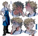 1boy absurdres apron arm_tattoo blonde_hair blue_apron blue_eyes carmy_berzatto cigarette commentary hand_tattoo hands_in_pockets highres holding holding_cigarette male_focus naotin3333 shirt solo stress tattoo the_bear upper_body white_shirt 