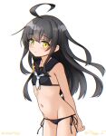  1girl adapted_costume ahoge bikini black_bikini black_hair black_sailor_collar commentary_request cowboy_shot crescent crescent_pin dated flat_chest kantai_collection long_hair lowleg lowleg_bikini mikazuki_(kancolle) navel neckerchief one-hour_drawing_challenge ray.s sailor_bikini sailor_collar side-tie_bikini_bottom simple_background solo standing swimsuit twitter_username white_background white_neckerchief yellow_eyes 